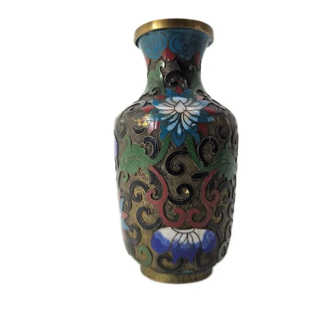 Vintage Chinese Cloisonné Miniature Vase Floral Enamel Bronze Art Small
